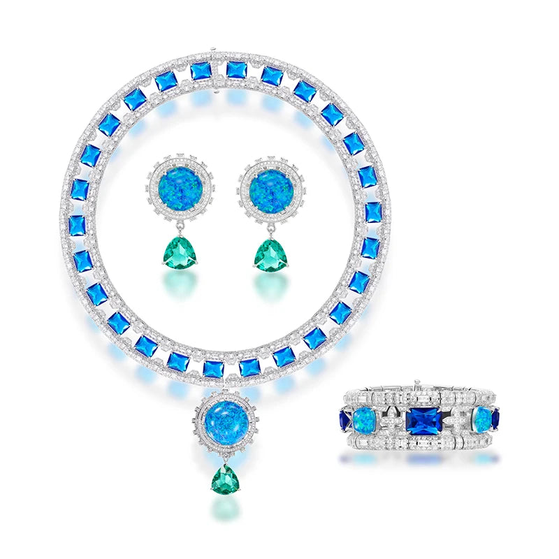 Exquisite and Gorgeous Bridal Wedding 3-Piece Set Unique Opal Zircon Necklace Earrings Bracelet As Large Exhibition Accessories