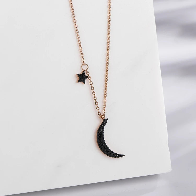 S&S Hot Sale Women 18K Gold Plated Black Crystal Crescent Star Moon Pendant Necklace with Link Chain Stainless Steel Alloy