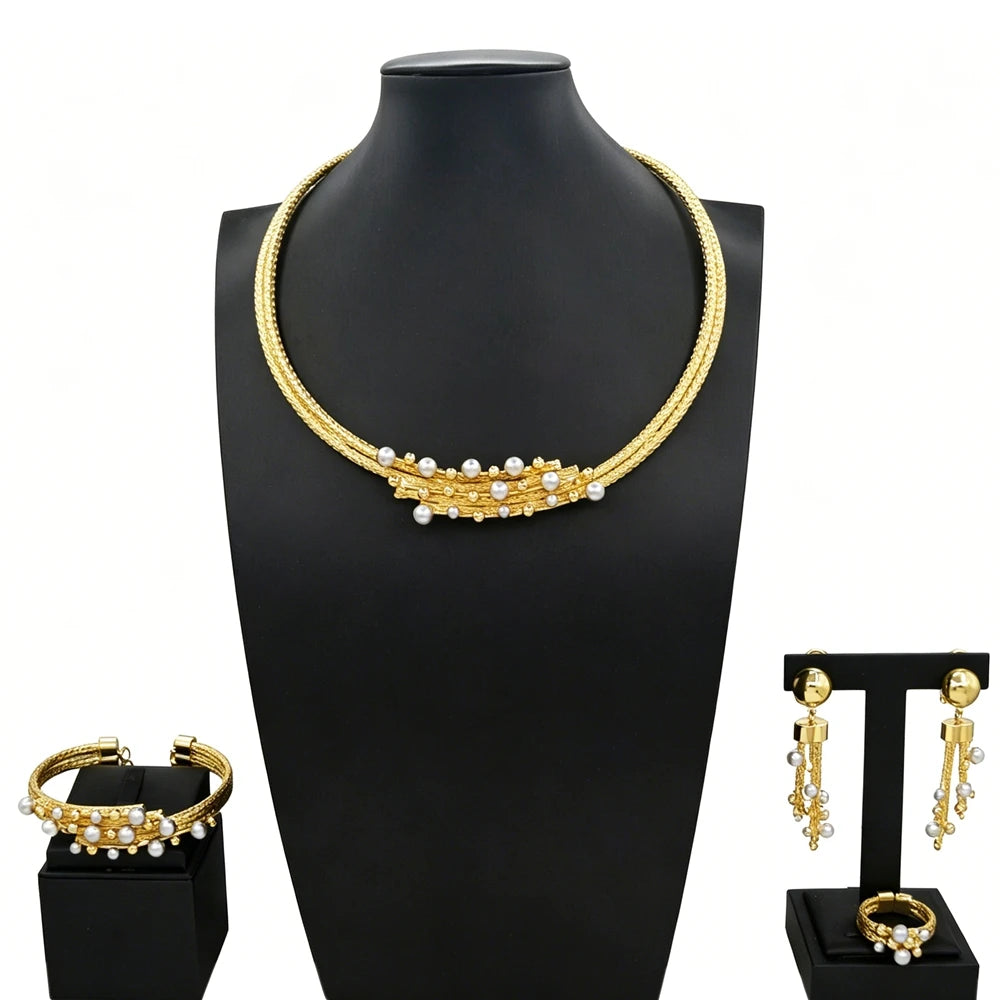 Zhuerrui African Italian Gold Plated Jewelry Set Bold Ribbed Twisted Geometric Choker for Women Wedding Banquet HS26006