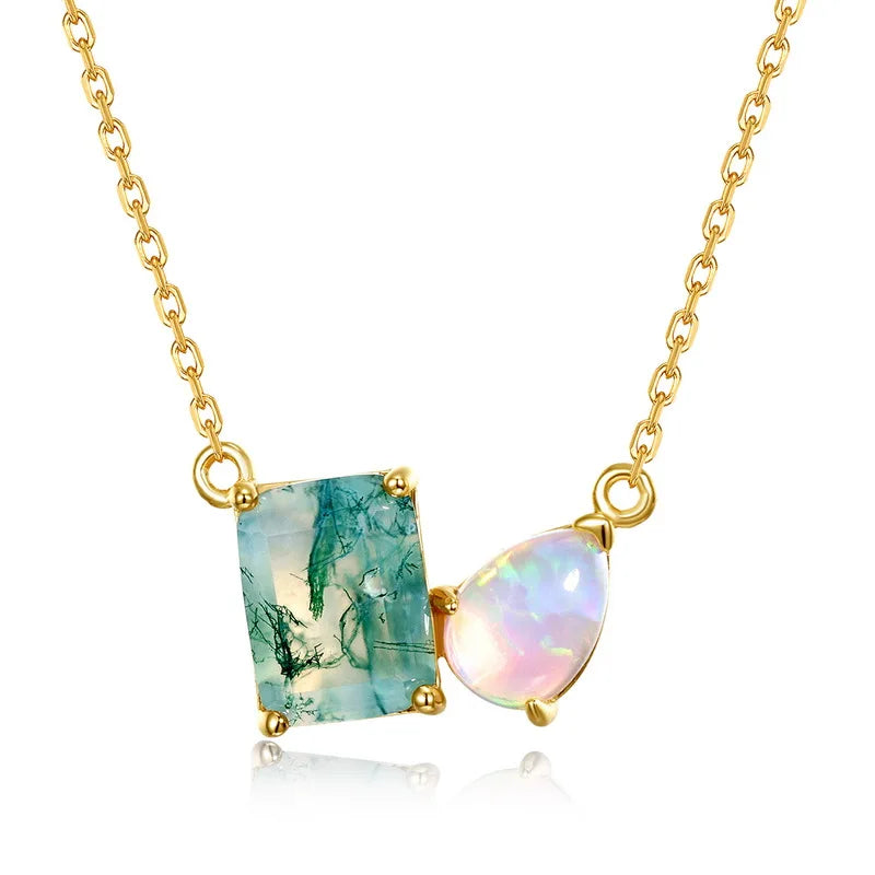 925 Sterling Silver Natural Moss Agate Opal Jewelry Set 14K Gold Plated Emerald Cut Jewelry Set for Women