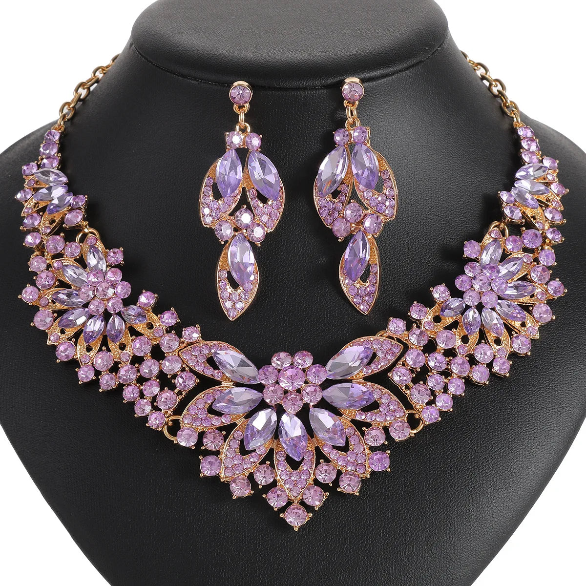 Retro Leaves & Flowers Crystal Necklace & Earrings Set | Exaggerated Luxury Bridal Jewellery | 10 Colours