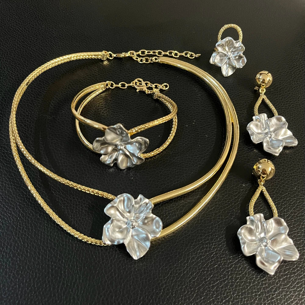 Brazilian Flowers Jewelry Sets Gold Silver Italian Jewelry Set Wedding Party Brass Necklace Bracelet Earrings Ring Jewelry