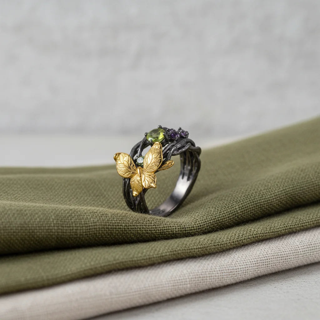 Italian Golden Butterfly 925 Sterling Silver Black Gold Plated Ring for Fashion Girl