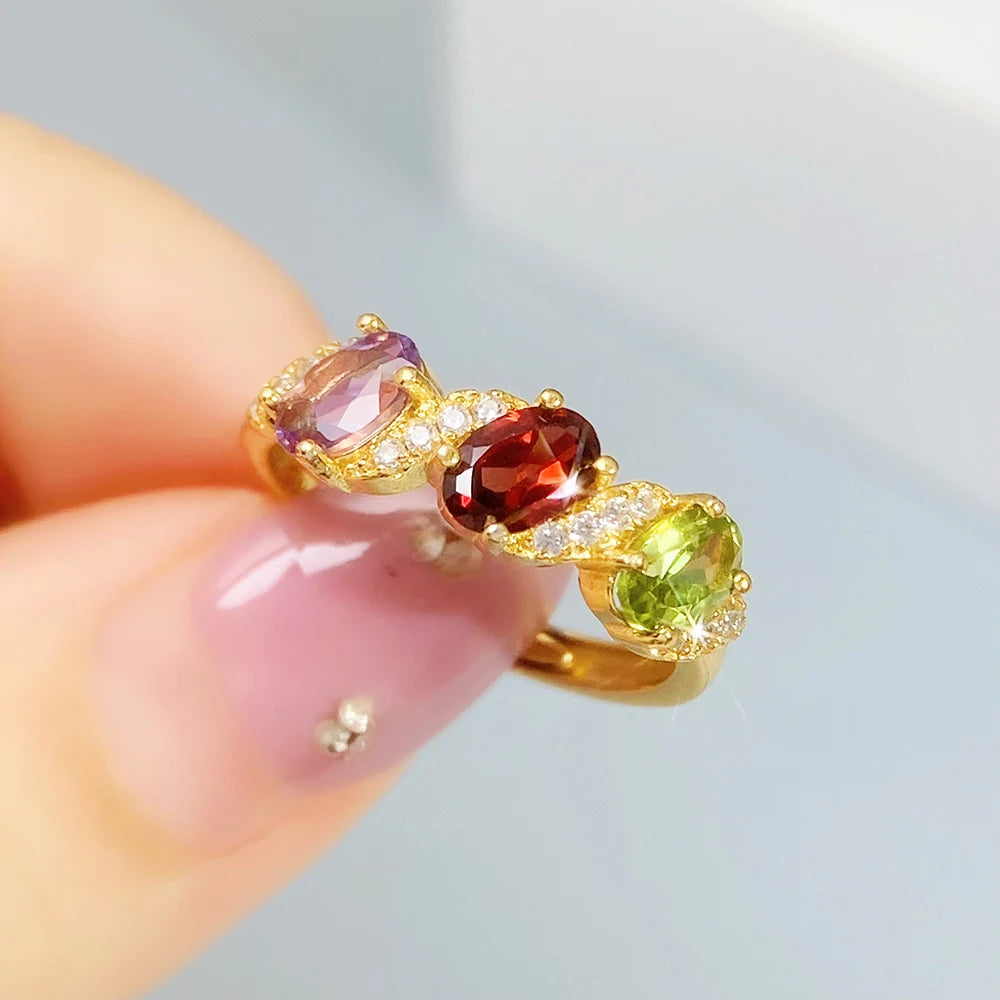Gioiellieri Vintage Natural Gemstone Ring for Women S925 Sterling Silver Amethyst Garnet Peridot Jewelry Gift for Anniversary