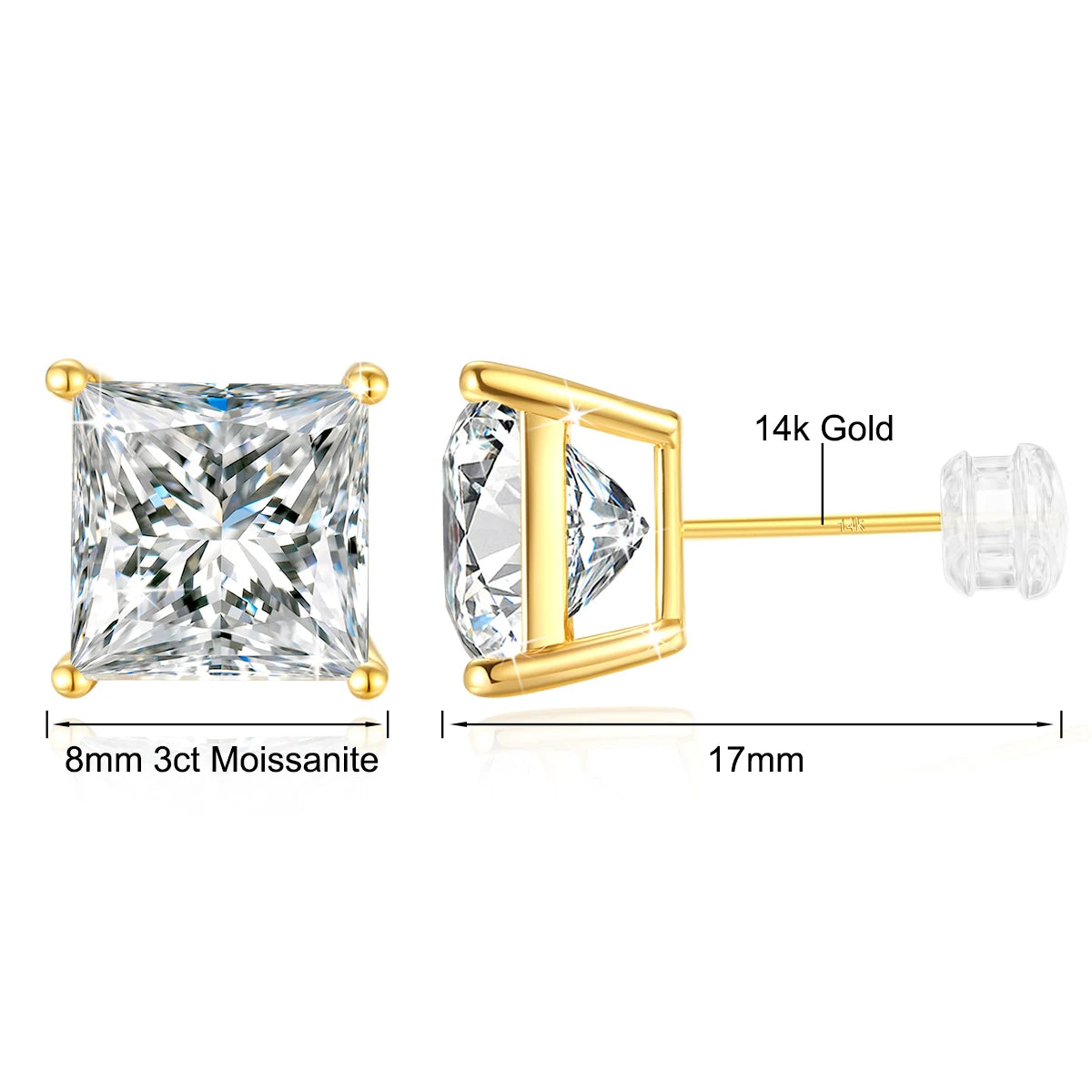 Gioiellieri Fine Jewellery Engagement Gift Woman Hollow 14K Gold 1ct 2ct 3ct Princess Cut Moissanite Stud Earrings