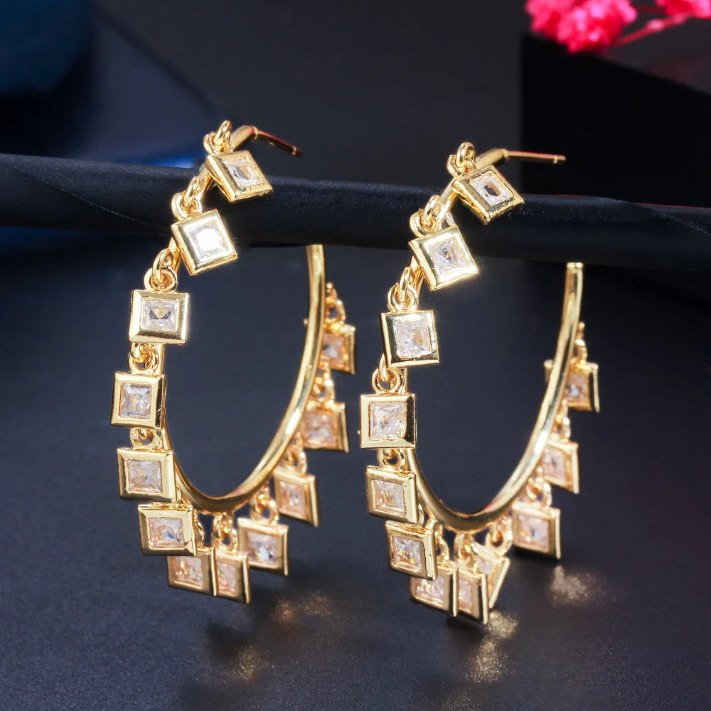 S&S Rainbow Square CZ Charm Hoop Earrings – 18K Gold Plated – Multi & White – Collection