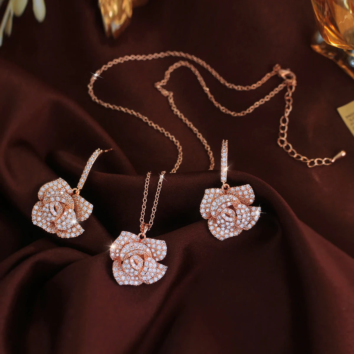 Fashion Brand Geometric Flower Design Cubic Zircon Women Rose Gold Color Earrings Big Pendant Necklace Jewelry Sets for Girls