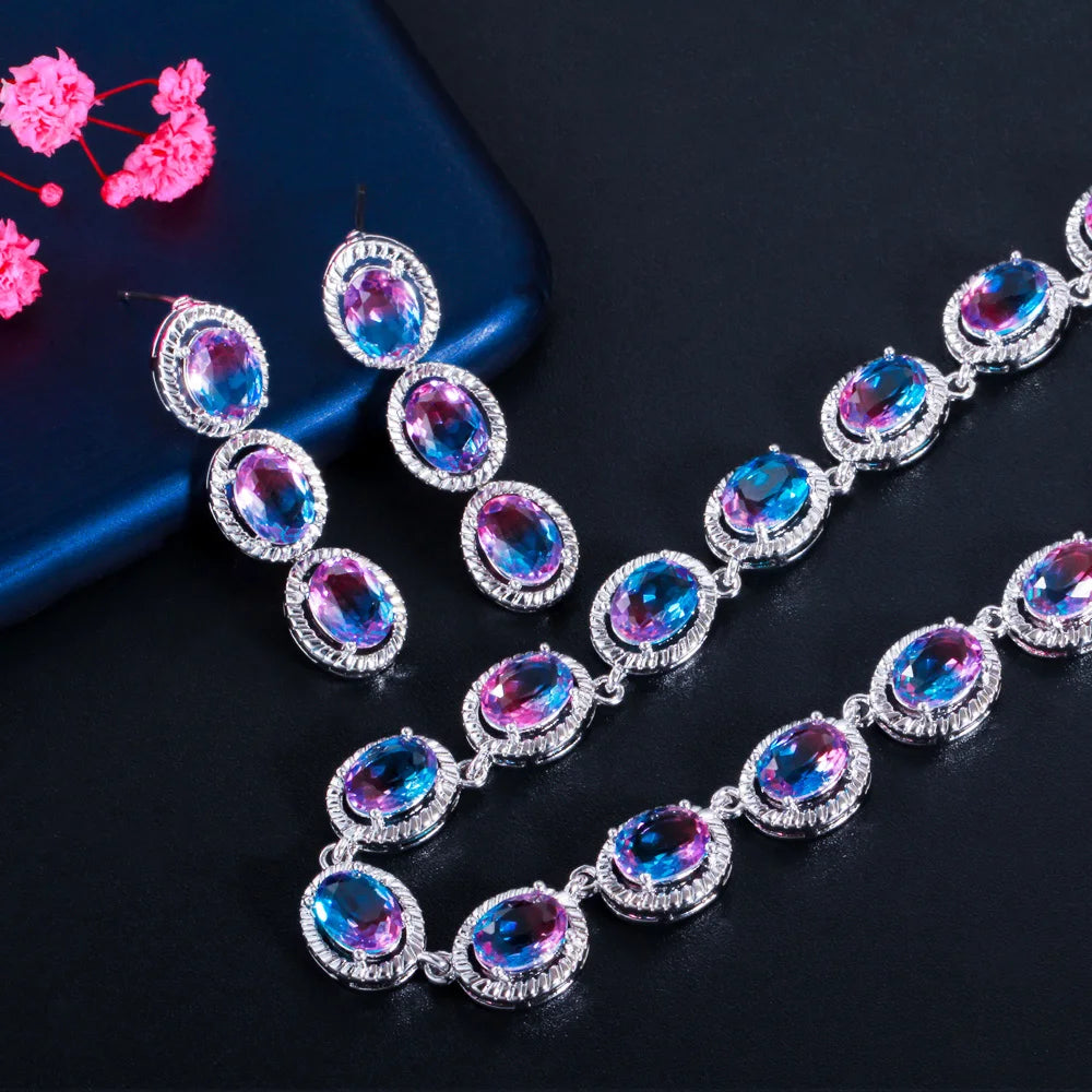 Beautiful Rainbow CZ Mystic Stone Round Drop Women Party Necklace Earrings Fashion Bridal Wedding Jewelry Sets