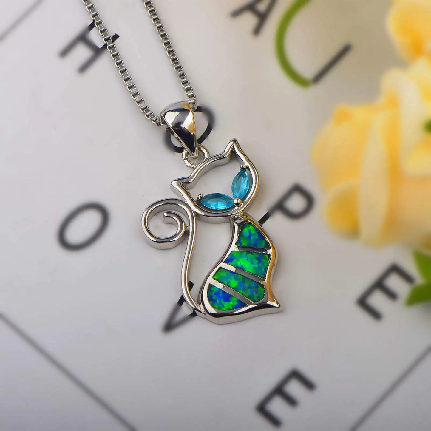 Aobao Opal Kitten Collar Chain Blue Opal Inlaid Cat Pendant TikTok Ins Style Jewelry Wholesale
