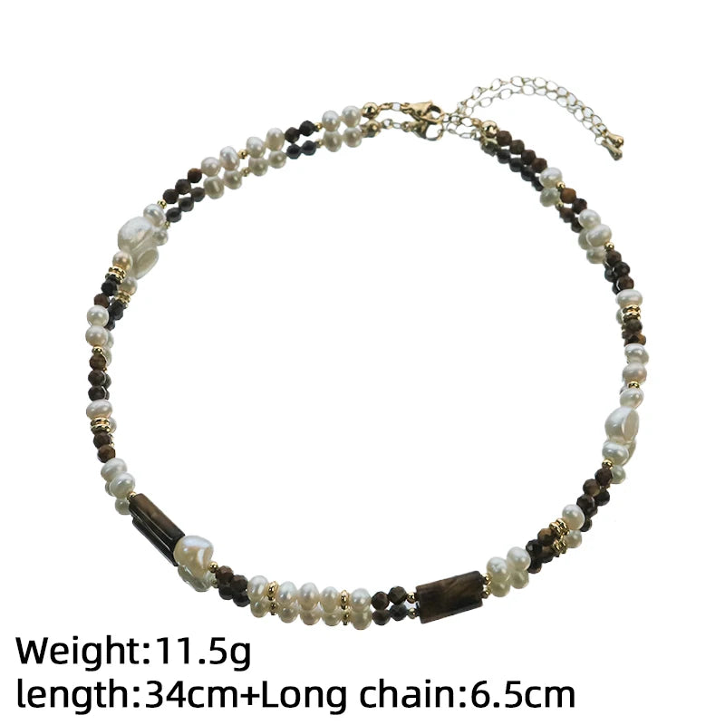 Natural Freshwater Pearl Tiger Eye Beaded Necklace for Women Boho Daily Party Birthday Gift Vintage Necklace Fashion Jewelry