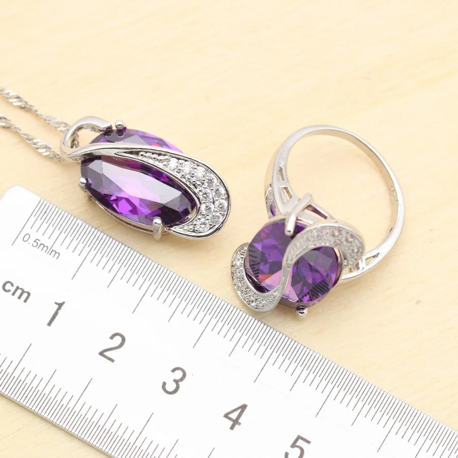 XOTICA Purple Crystal 925 Sterling Silver Jewelry Set Luxury Design Wedding Earrings Bracelet Rings Necklace Pendant Set