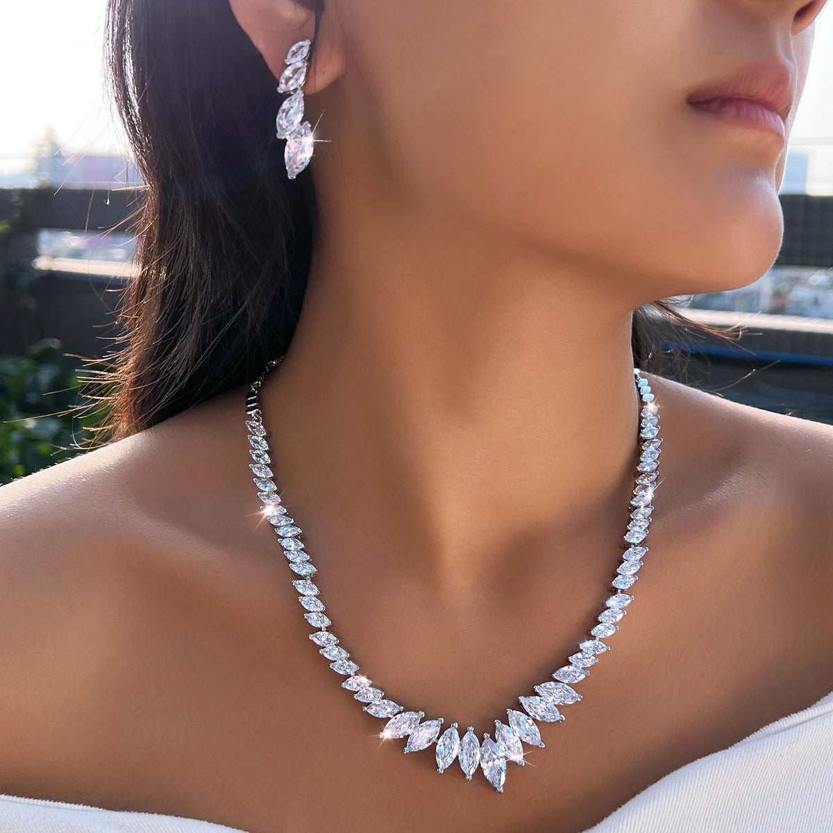 Bridal Jewelry Set Marquise Cut Cubic Zirconia Necklace and Earrings Wedding Jewelry Set for Women Luxury Accessories