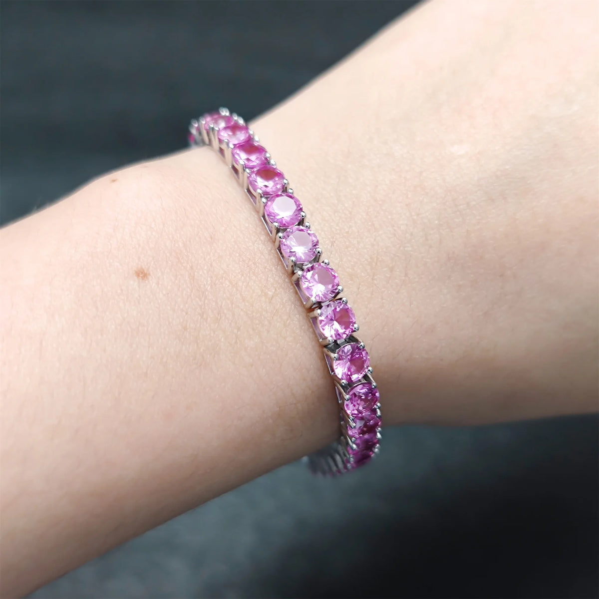 Gemfiori Glamorous Women Bracelet Prong Setting 925 Silver Hip Hop 3mm Medium Pink Lab Grown Sapphire Tennis Chain Bracelets