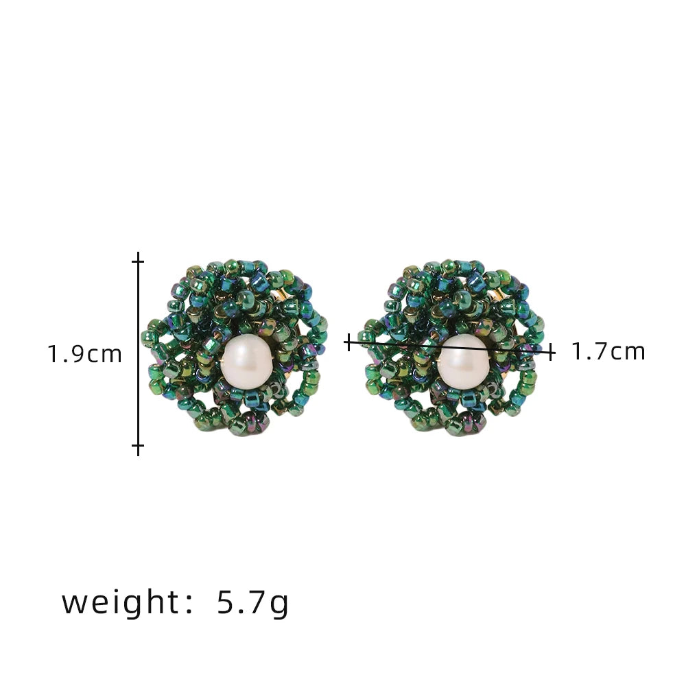 Natural Freshwater Pearl Green Glass Earrings Earring for Woman Korean Fashion Style Vintage Personality Lady Jewelry