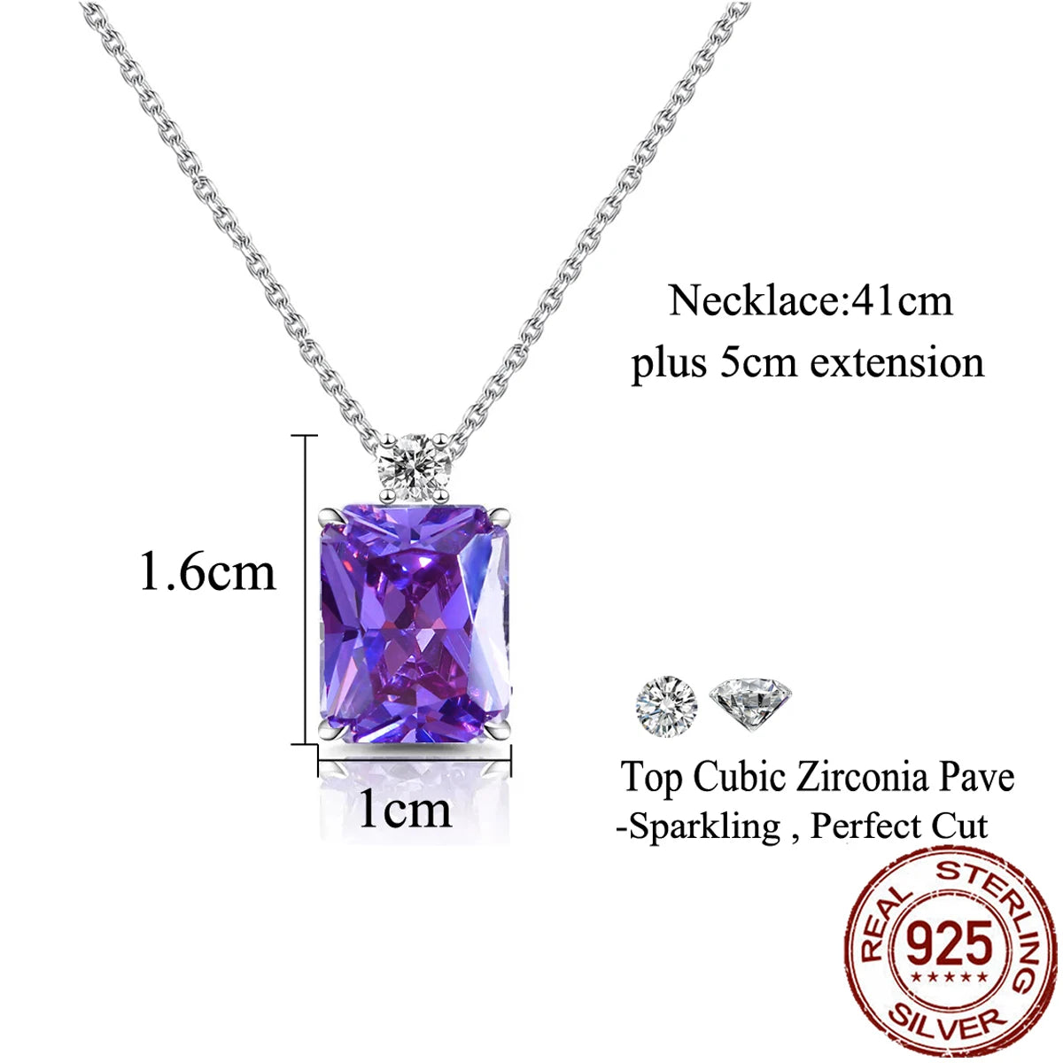 S&S 925 Sterling Silver Purple Baguette CZ Pendant Necklace – Rhodium Plated – Collection