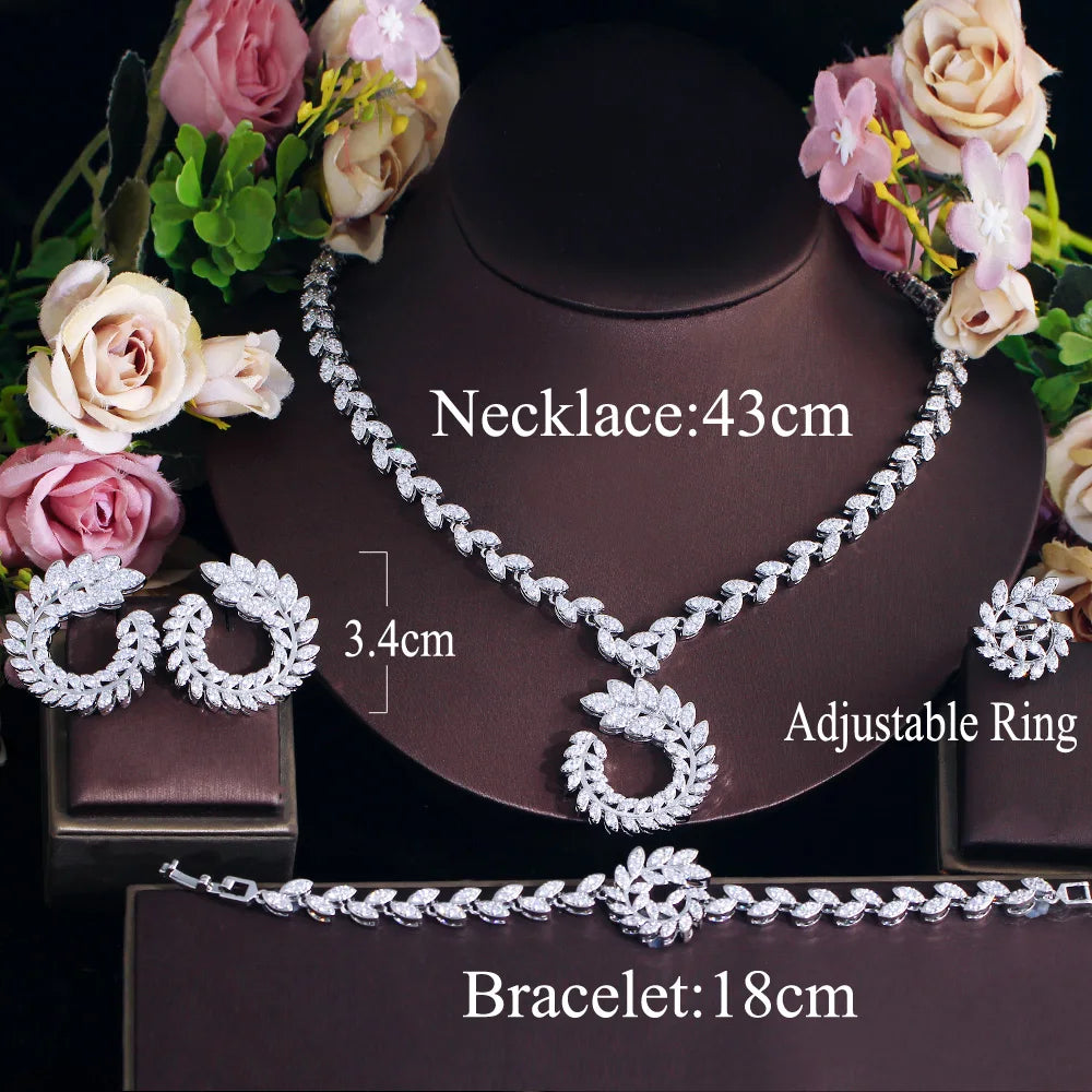 Bridals Big Olive Leaf Pendant Necklace and Earrings Jewelry Set Cubic Zirconia Bracelet Stud Earrings Ring Sets of Wedding