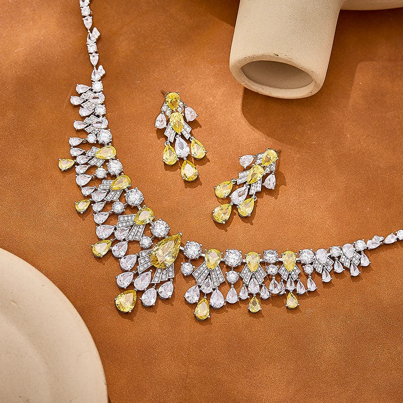 High Quality Pear Shaped Cut Yellow pink Zircon Necklace Earrings 2-piece Set Brass Saudi Wedding Banquet Jewelry