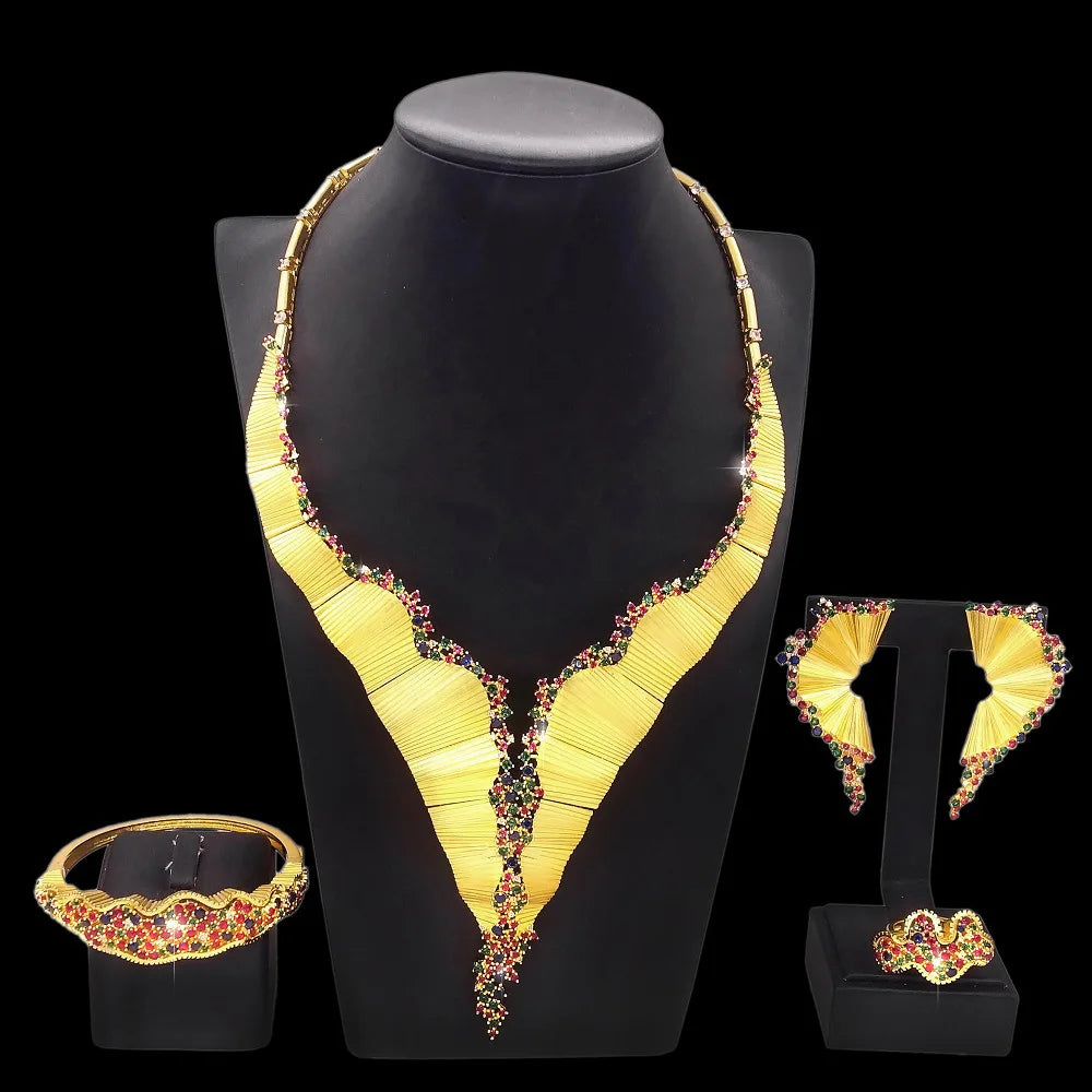 High End Luxury 18K Gold Plated Hyperbolic Africa Style Colorful Cubic Zirconia Full Paved 4 Pieces Jewelry Set