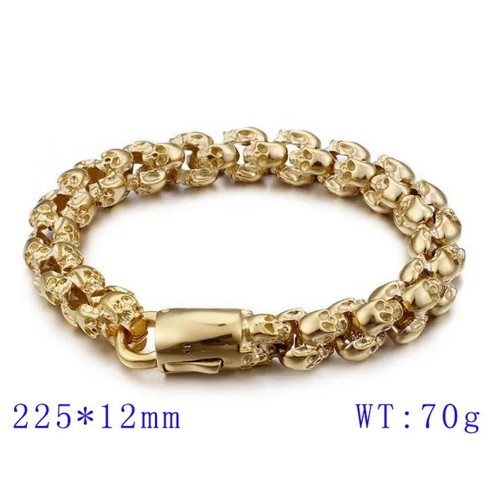 Kalen Punk Skull Gothic Jewelry Stainless Steel Bracelet Gold Plated Shiny Matte Skull Beaded Thick Bracelet for Men