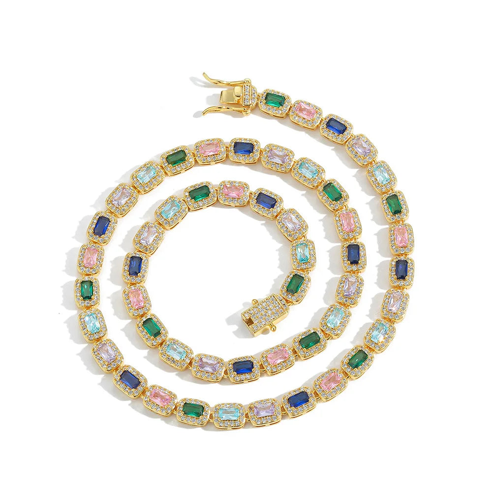 Hip-Hop Rap Big Gem Bracelet Fashion 5A Zircon Iced Out Real Gold Plated Necklace Chain Colorful Jewelry