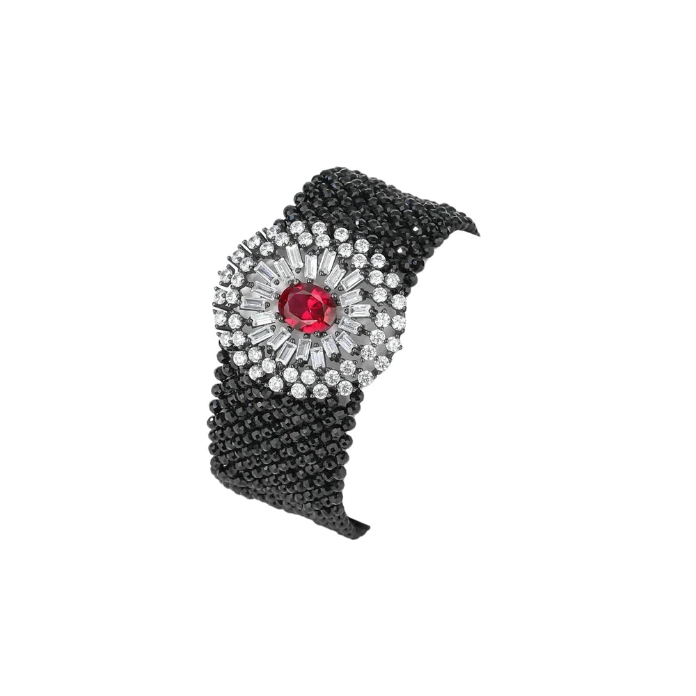 SILVERELLI Black Spinel Bracelet | S925 Sterling Silver | 18K Gold Plated | Flower Design