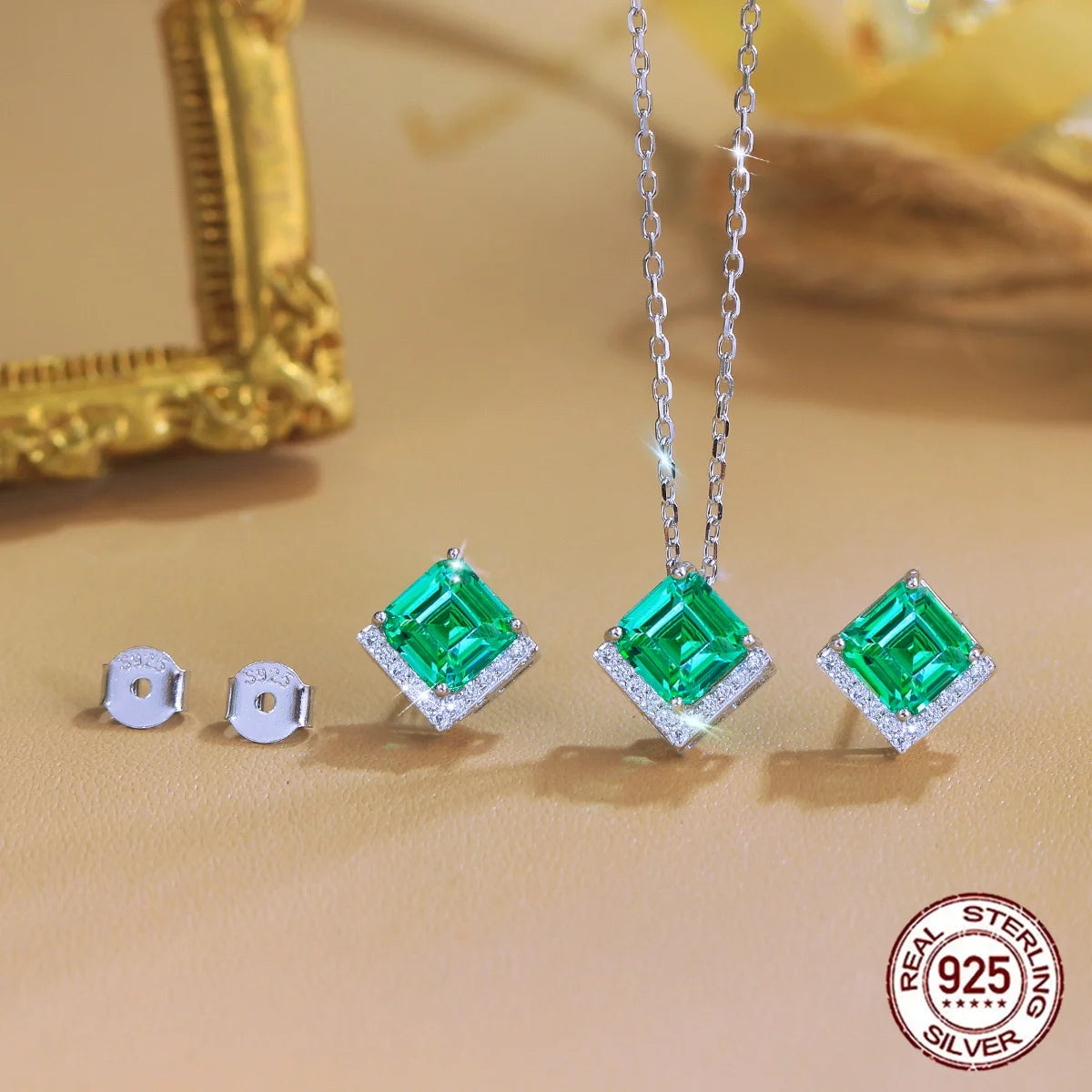 Princess Cut Emerald Green CZ Halo Necklace and Earrings 925 Sterling Silver Jewelry Set for Women Zirconia Bridal Jewelry Gifts
