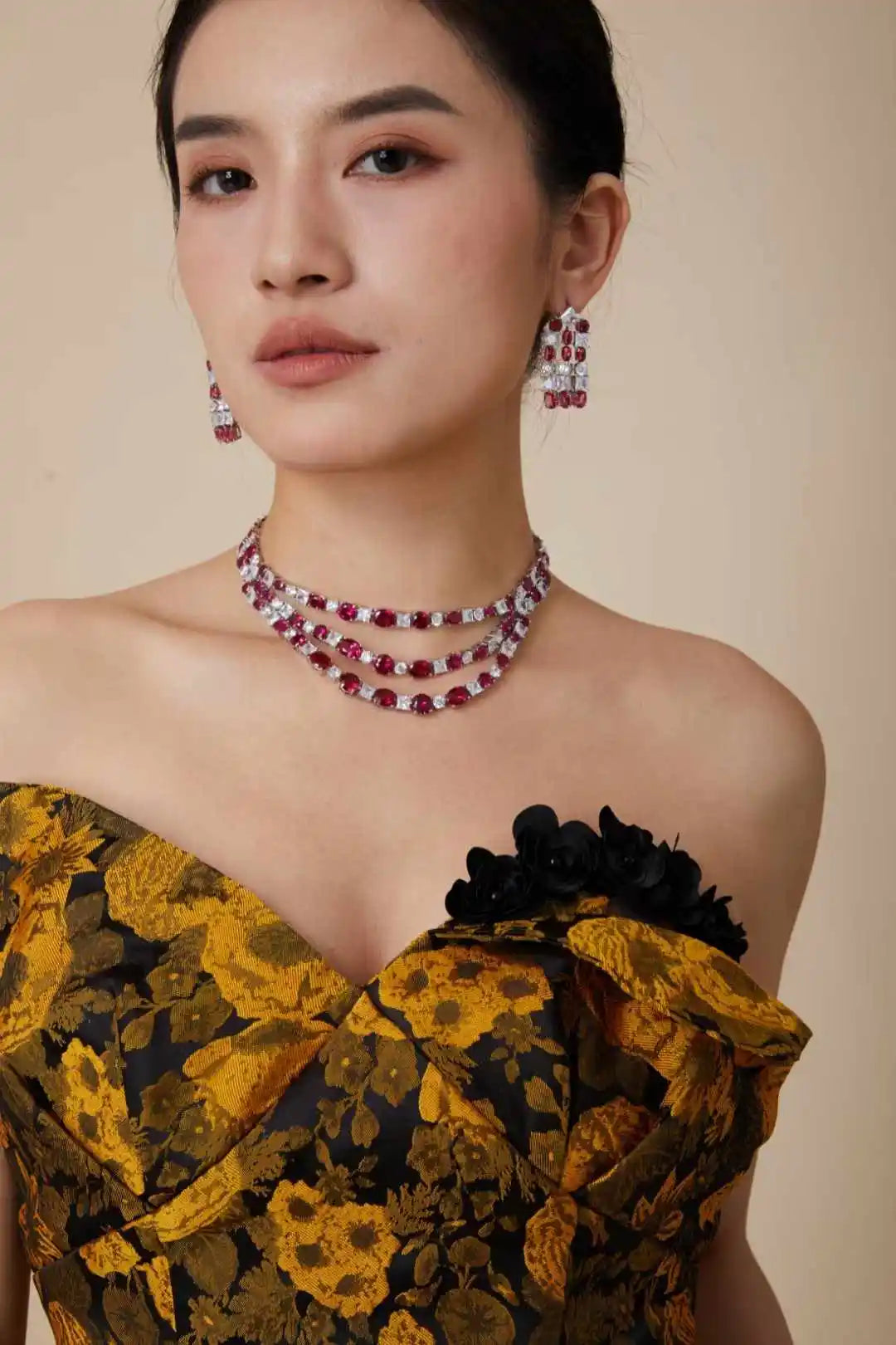 Luxury Red Ruby Zirconia Tennis Choker Necklace & Earrings Set — Rhodium Plated