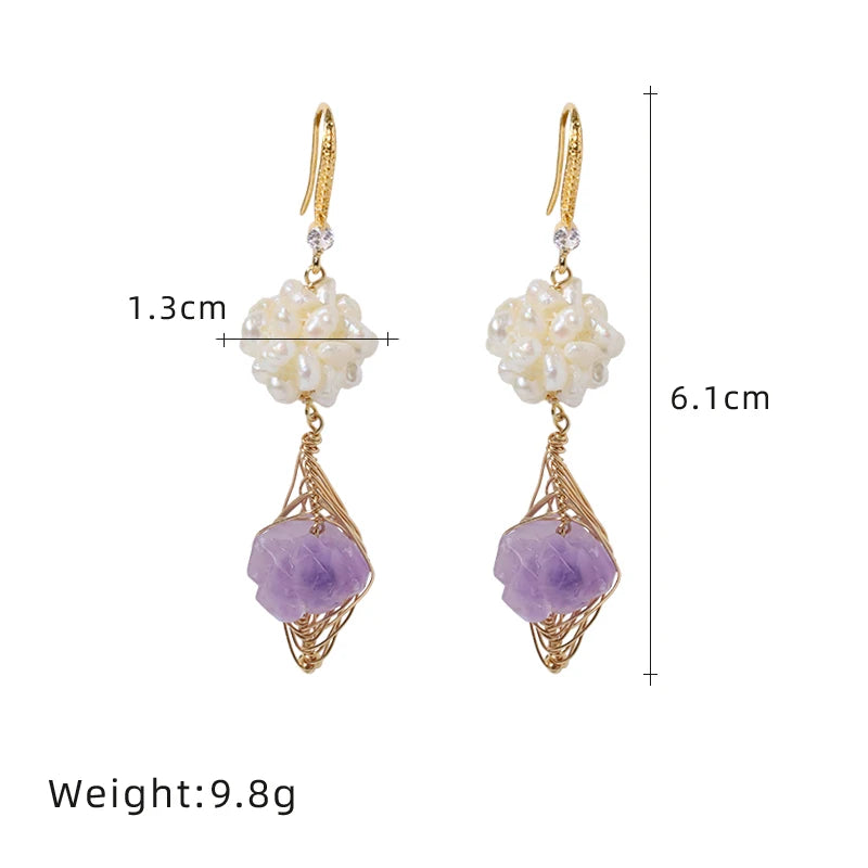 Natural Freshwater Pearl Flower Ball Amethyst Earrings Korean Style Women Luxury Jewelry Fashion Ladies and Girls Gift GE1578