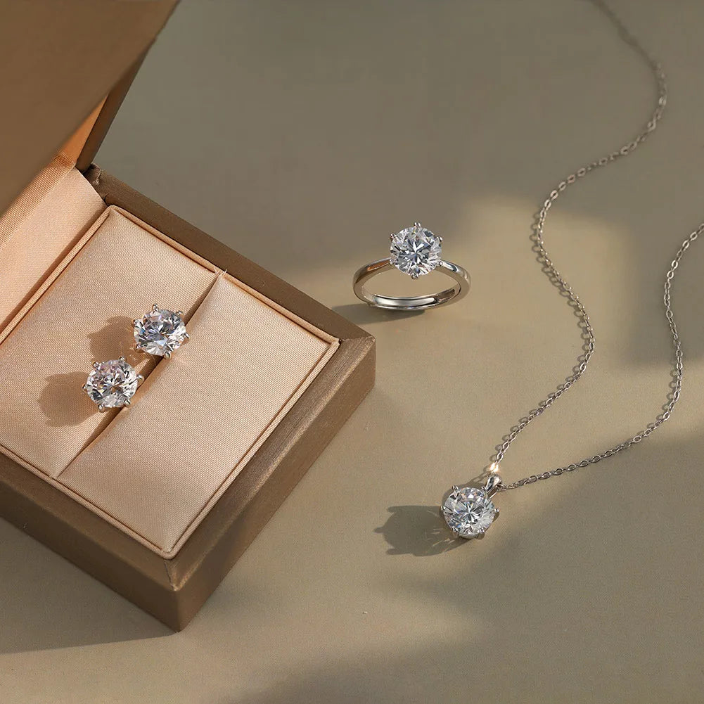 RINNTIN LZE07 SLZN23 LZR36 Classic Six-Claw Setting 8A Shinny Cubic Zirconia Necklace Ring Earring 925 Silver Jewelry Set