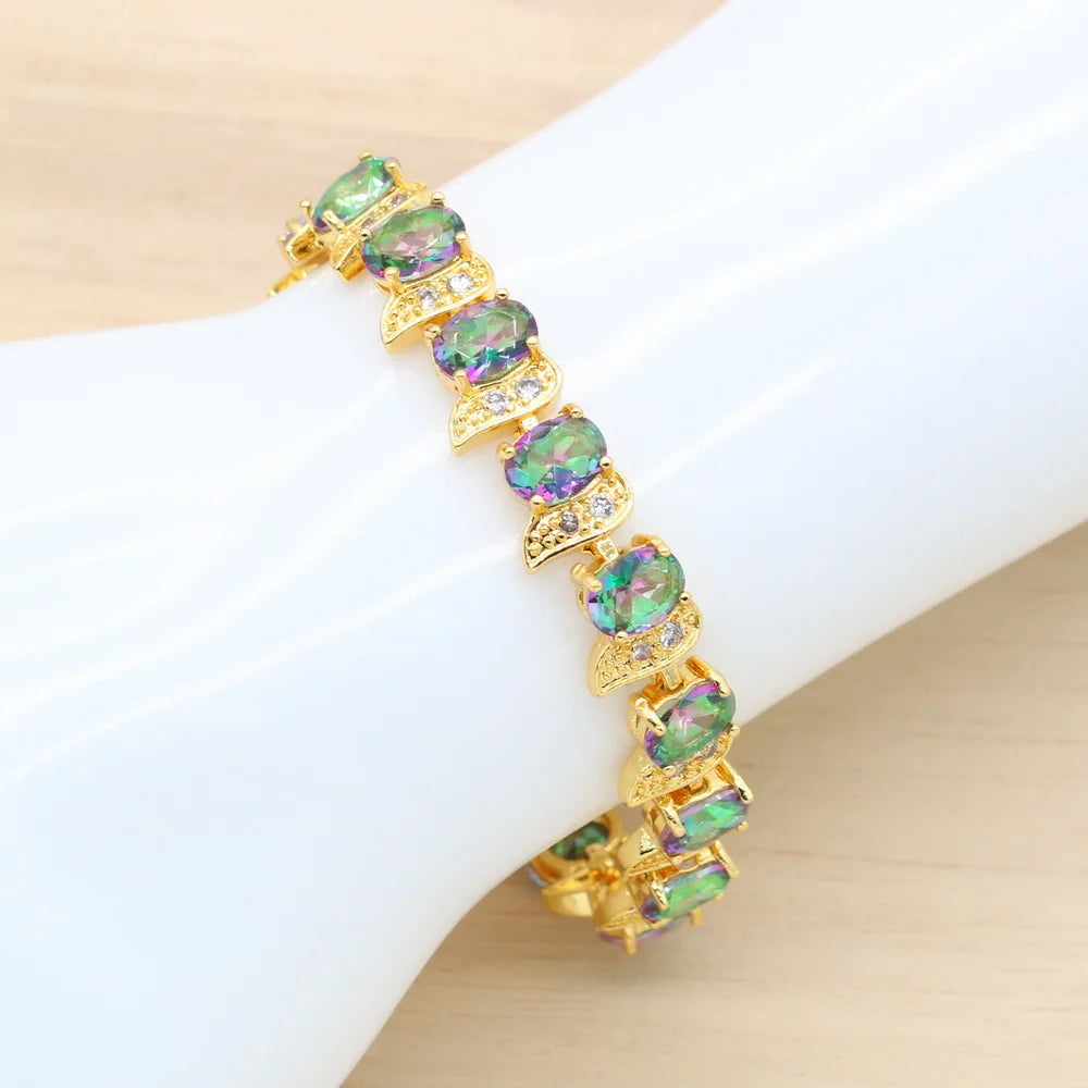 XOTICA Geometric Gold Plated Set for Women Rainbow Stones Alloy Bracelet Hoop Earrings Necklace Ring for Wedding Party Birthday Gift