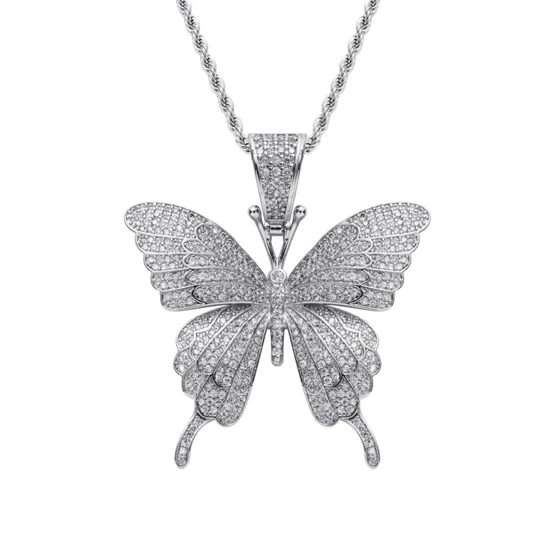 S&S Iced Out CZ Butterfly Pendant Necklace | Gold & Silver | Hip-Hop Jewellery