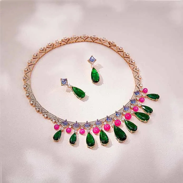 African Bridal Cubic Zirconia Statement Necklace & Earrings Set — Silver & Rose Gold