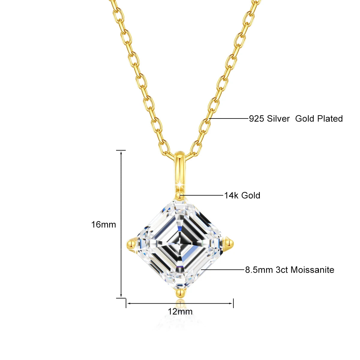 Gioiellieri Women's Christmas Gift 3D Hard Gold Craft True 14K Gold Luxury Asscher Moissanite 1ct 2ct 3ct Pendant