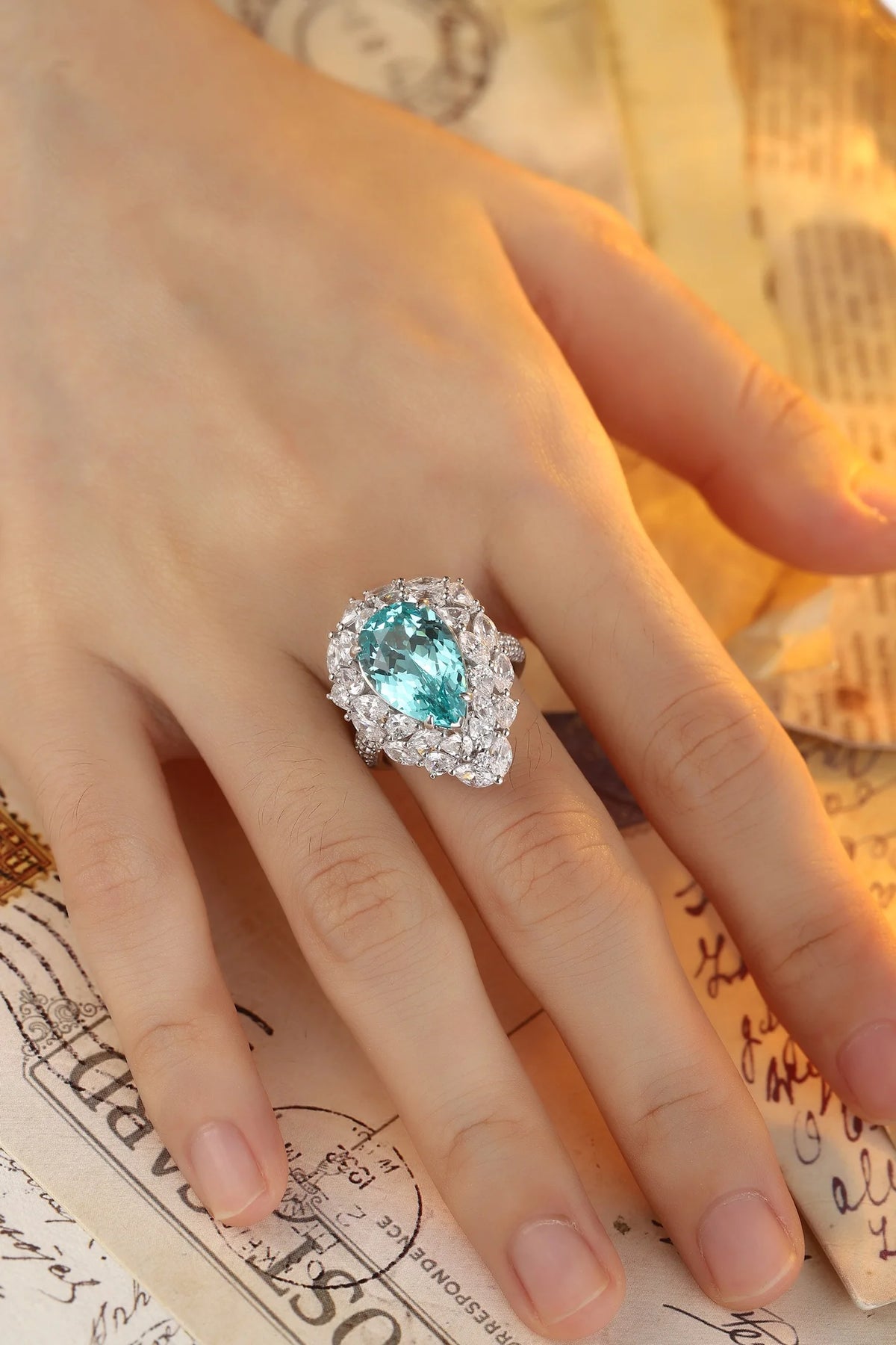 Gemfiori Luxury Jewelry Unisex Wedding Ring Trendy Pear Cut Lab-Grown Paraiba Halo Gift Exquisite Premium Grade Craftsmanship