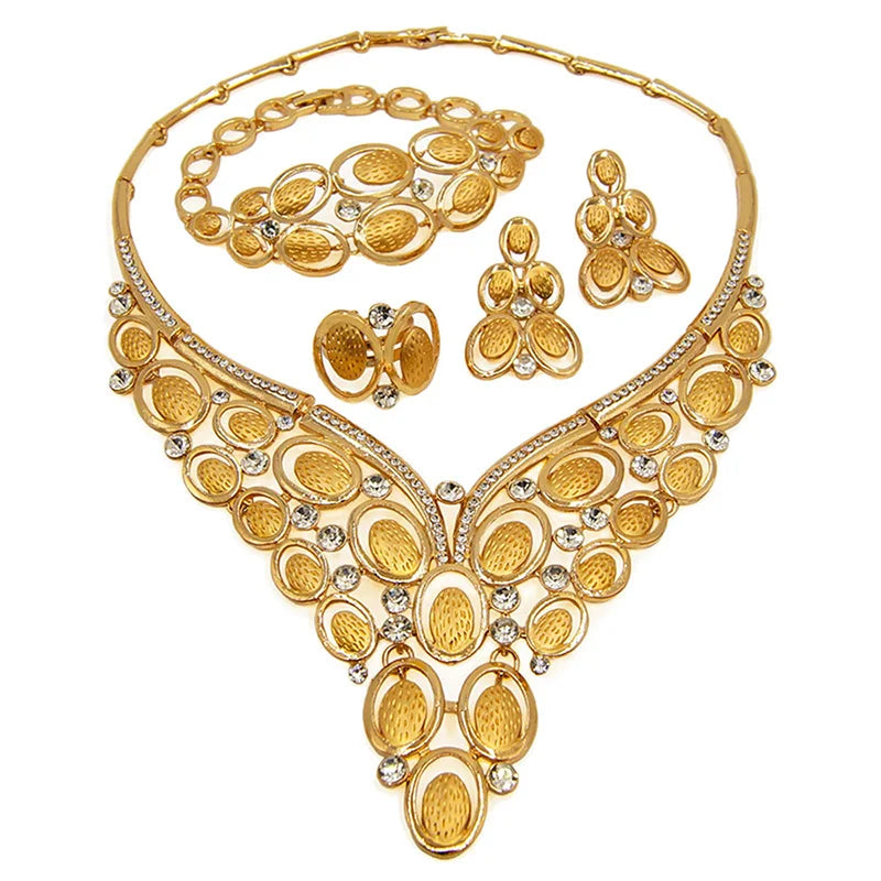 Zhuerrui New Romantic Bridal Jewelry Set Luxurious Exquisite 24K Gold Plated African Noble Wedding Necklace Ring Set of Four