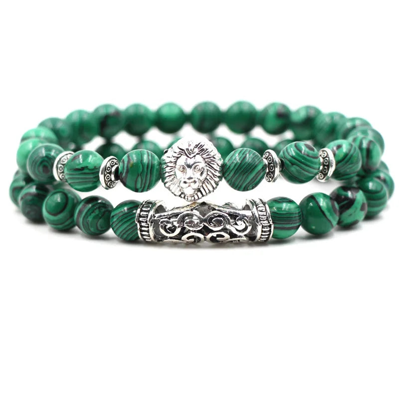 Classic Natural Silver Lion Owl Buddha Head Charm Bracelet Set for Unisex Anniversary 8mm Diamond-Embossed Bangle Chain Bead