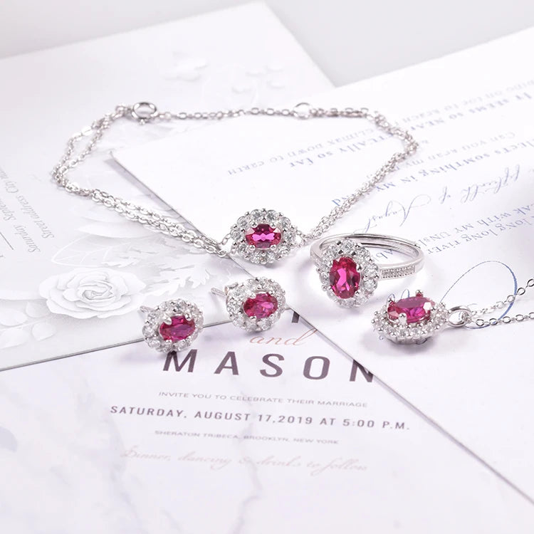 S&S 925 Silver Lab-Grown Ruby Jewellery | 18K White Gold Plated | Ring, Earrings, Pendant, Bracelet or Full Set