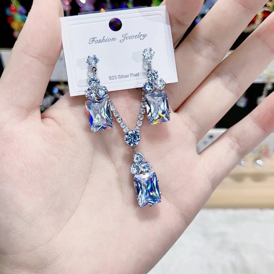 K054 Top Quality Luxury Simple Geometric Zircon Necklace Earrings Set Women Elegant Jewelry Set