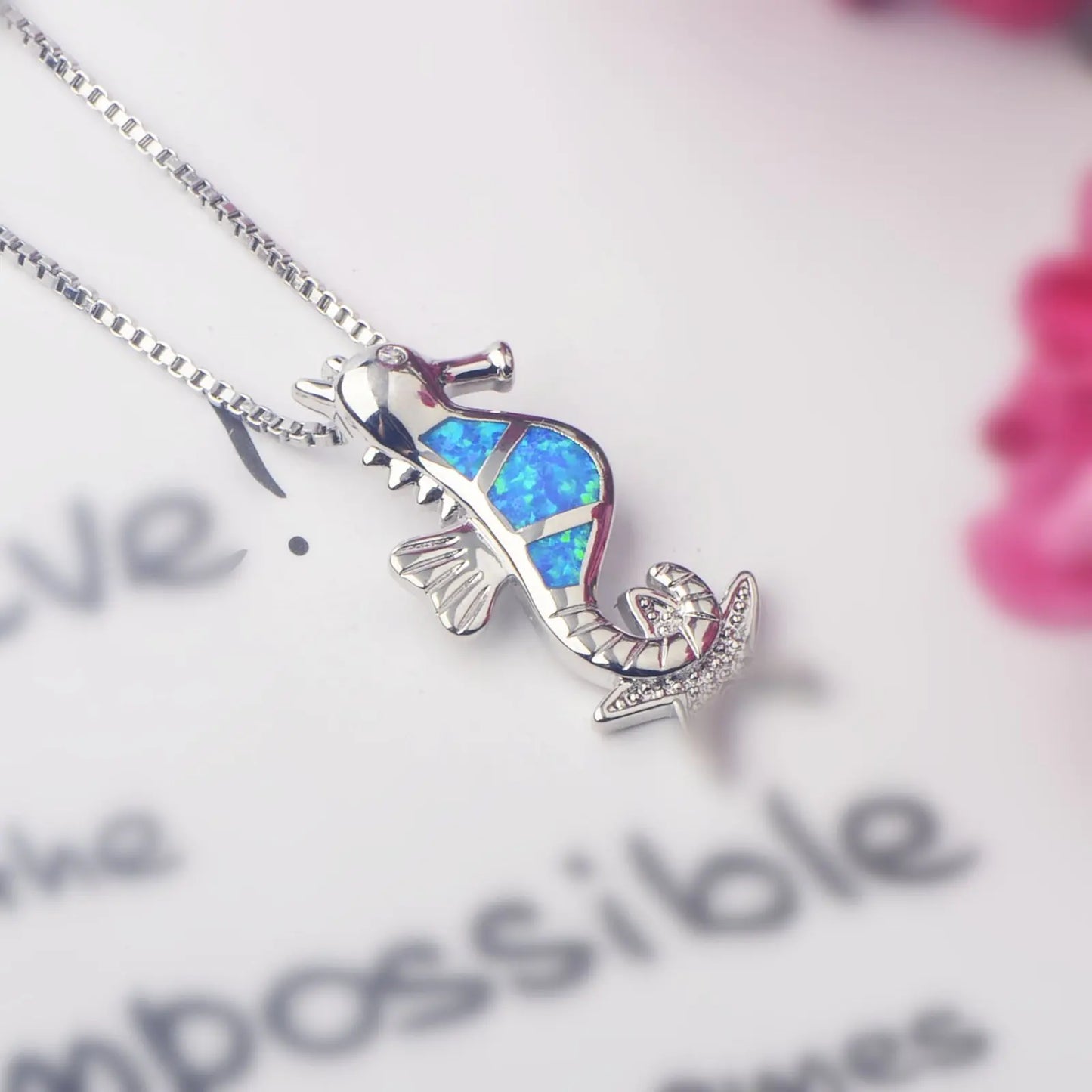 Aobao Christian Cute Silver Plated Women's Blue Opal Hippocampus Pendant Necklace with Link Chain Inlaid with Lab Created Opals