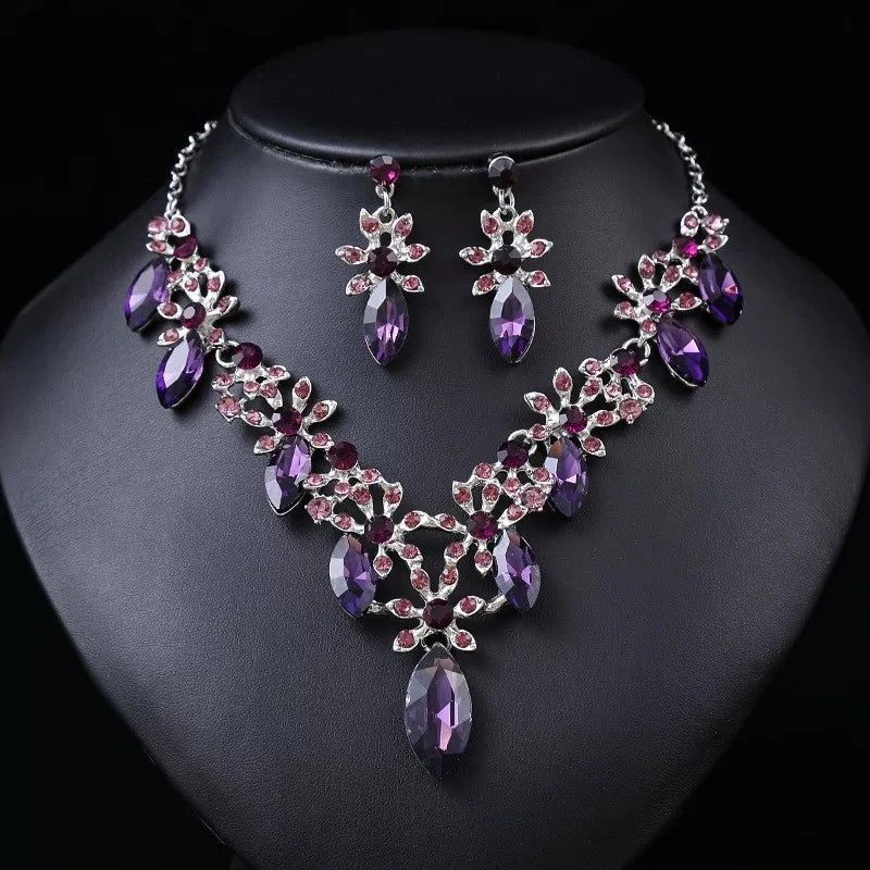 XM S374 Silver Plated Princess Cut Crystal Rhinestone Floral Necklace & Drop Earrings Set
