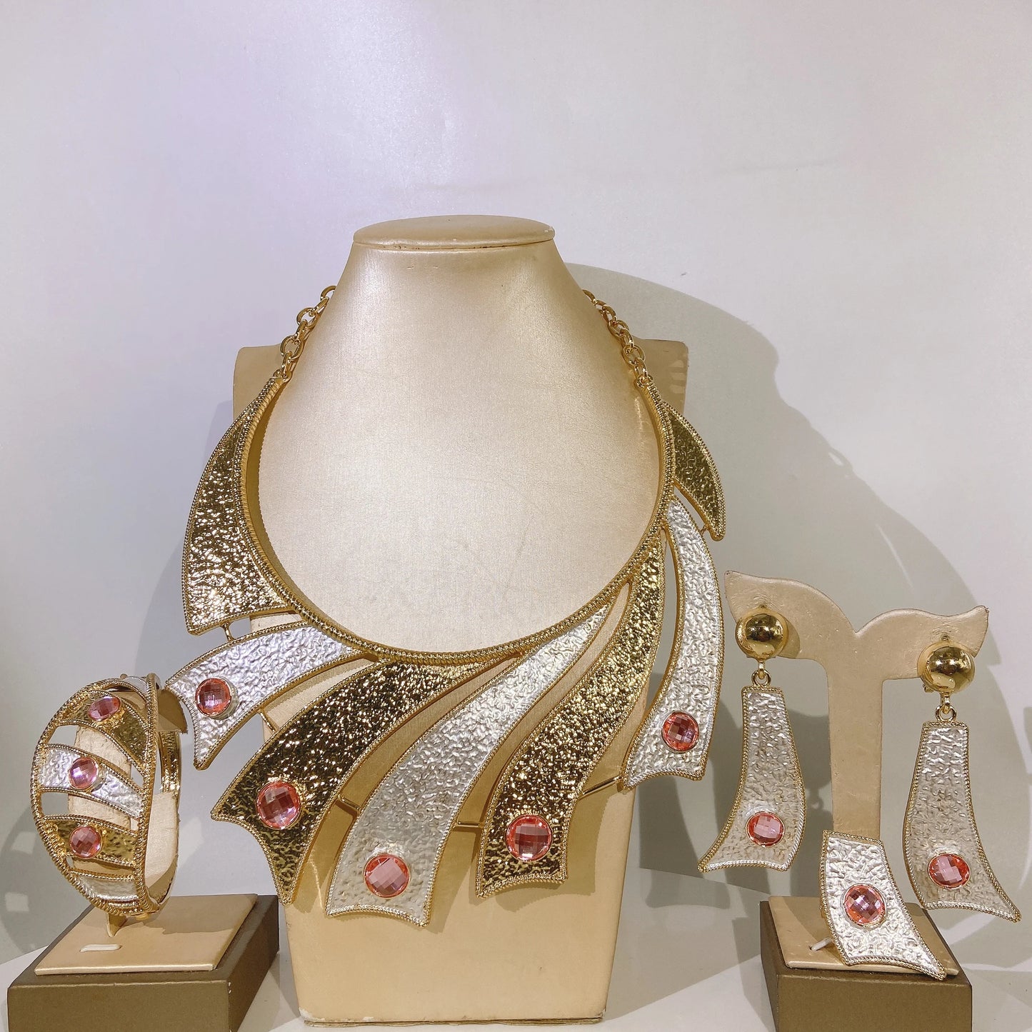 Zhuerru Italian Gold Plated Jewelry Set Pink Bead Necklace Bracelet Earrings Jewels Sets High Quality Fashion Woman Gift H00553