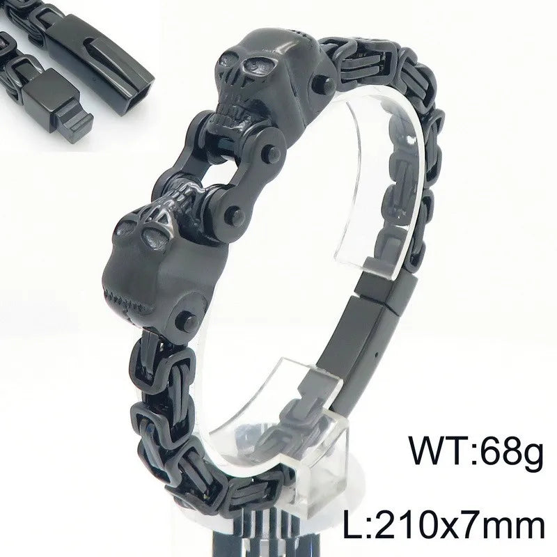 REBEL Punk Fine Jewelry Fashion Bracelets Stainless Steel Skull Byzantine Links Bracelet