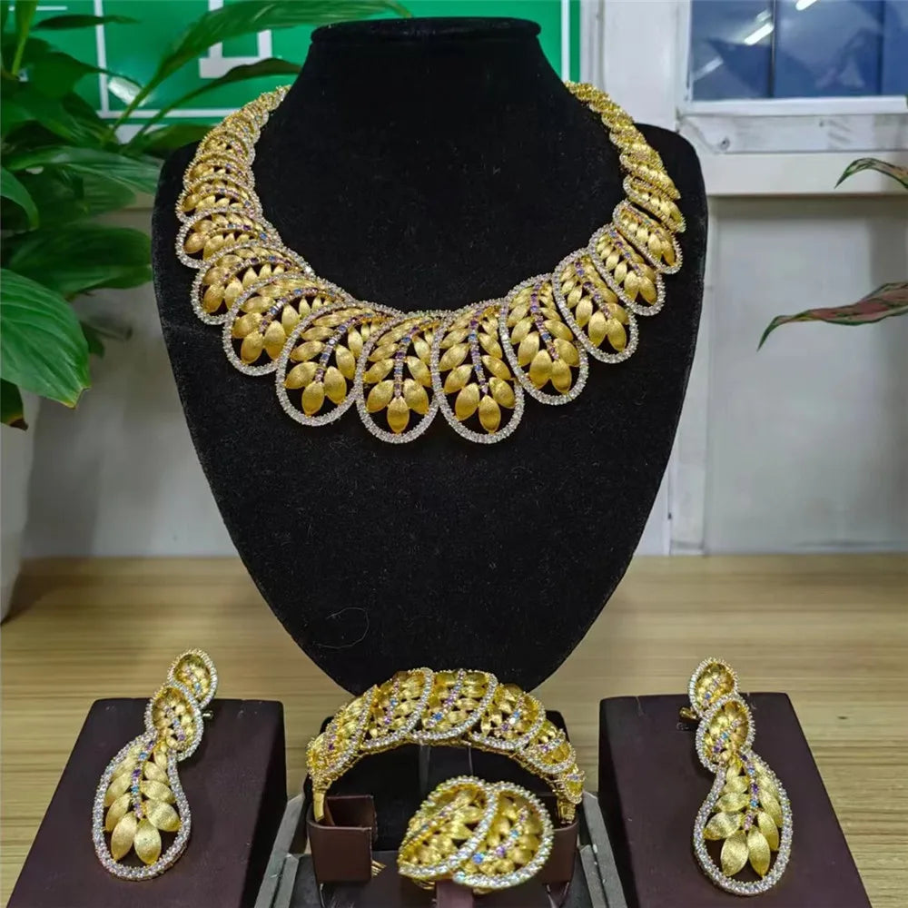 Zhuerrui Luxury Cubic Zirconia Jewelry Set American Diamond Folha Jewelry Sets Necklace Bracelet Earrings Ring Jewellery Sets