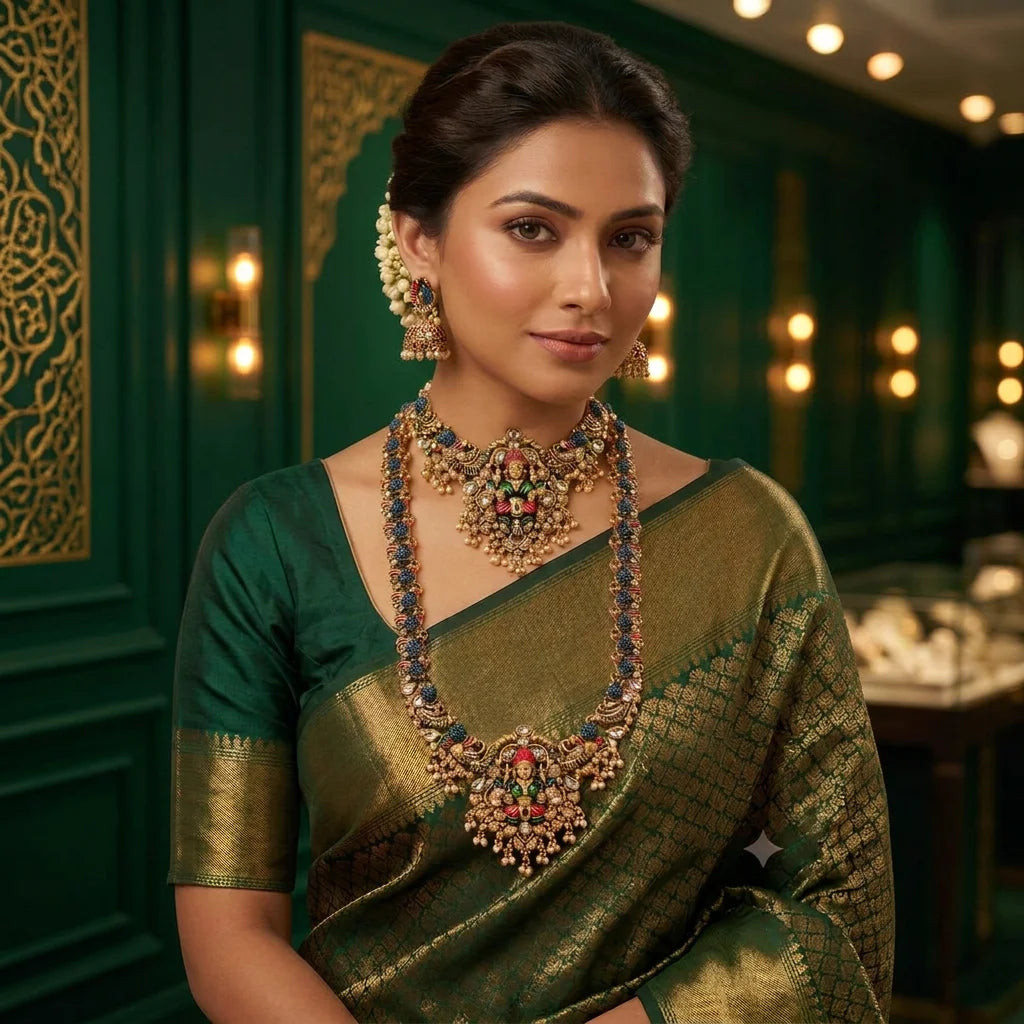 Luxury Temple Jewellery Lakshmi Bridal Necklace Set Antique Gold Plated Brass Wedding Long Haram Choker Set for Women Set