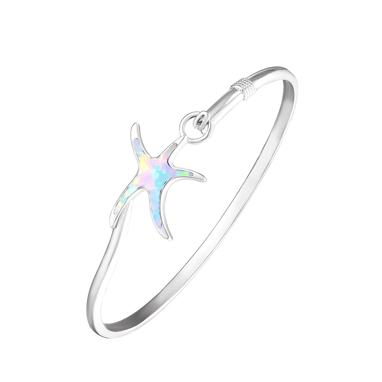 Shimmering Starfish Opal Bangle Aobao Greek Key Geometric Design Silver Tone Jewelry