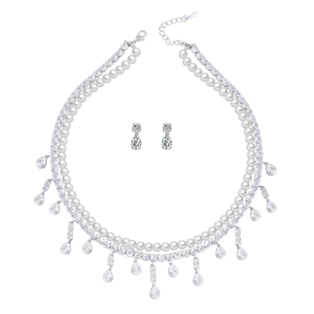 Gorgeous Tassel Necklace and Earrings Cubic Zirconia Imitation Pearl Wedding Bridal Luxury Jewelry Set for Women