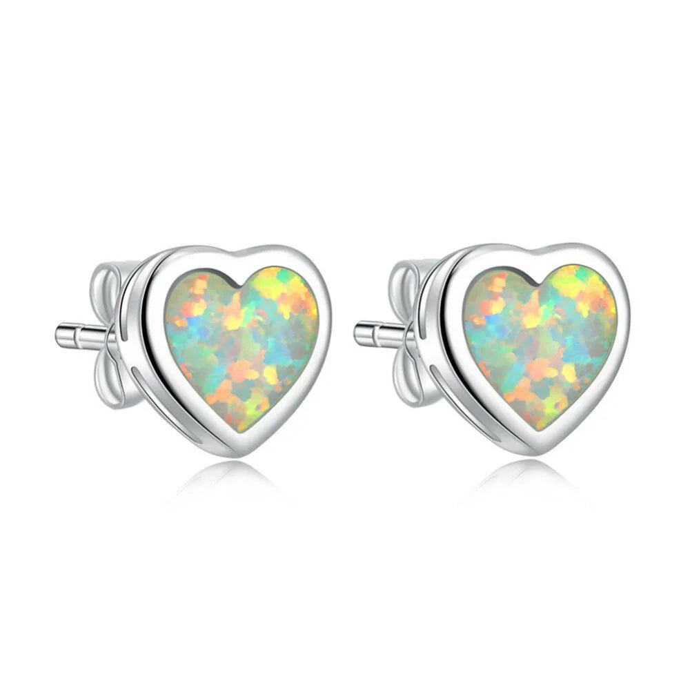Vibrant Blue Heart Opal Stud Earrings - Iridescent Fire Opal & Sleek Frame | Daily Romantic Jewelry Bulk Gifts
