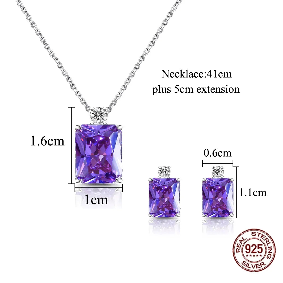 Sterling Silver Purple CZ Baguette Pendant Necklace & Earrings Set Rhodium Plated Bridal Party Gift for Women & Girls