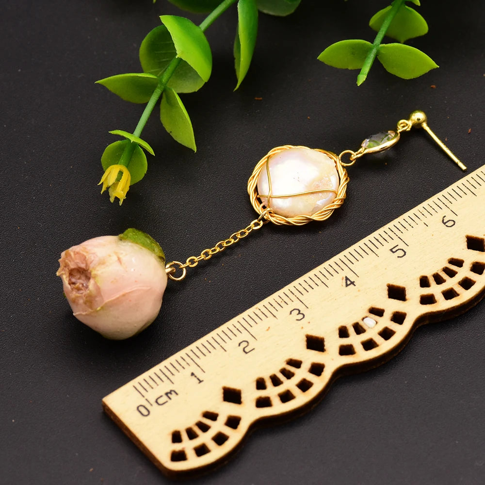 GLSEEVO Natural Fresh Water Pearl Handmade Really Flower Drop Earrings For Women Asymmetrical Earrings Custom Jewellery GE0492