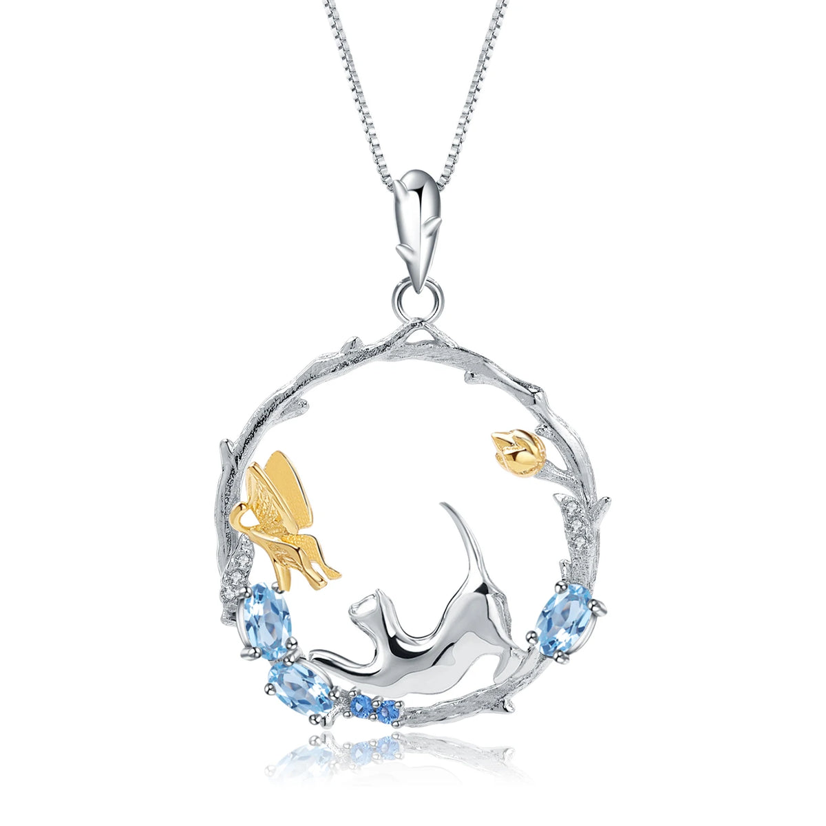 ArtistA C7784 Abiding Original Desig Kitten Chasing Butterfly Geometric Circle Oval Swiss Blue Topaz Drop Earrings Pendant & Ring Set
